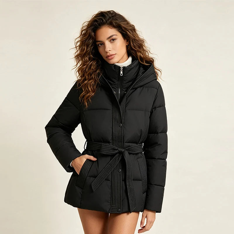 Women’s Hooded Puffer Jacket with Lace-Up Waist
