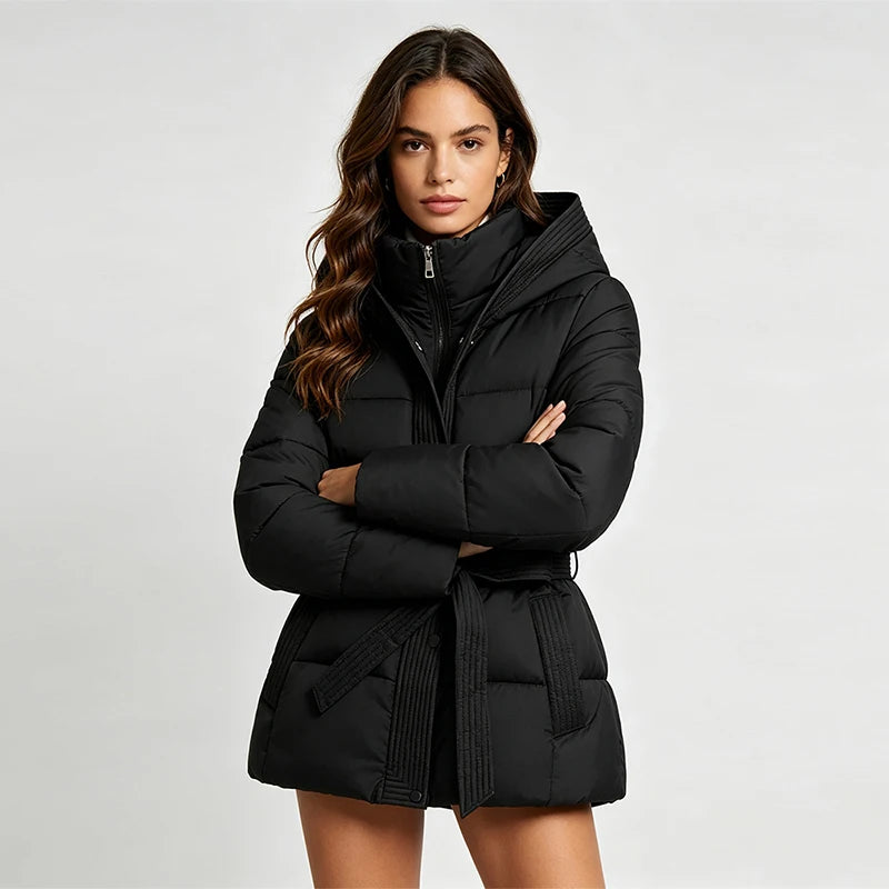 Women’s Hooded Puffer Jacket with Lace-Up Waist