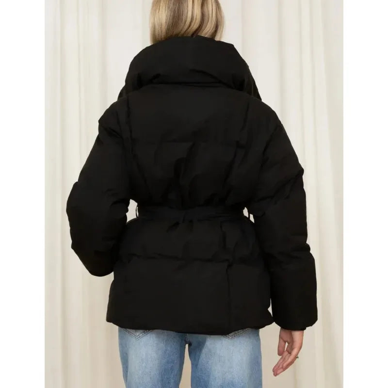 Women’s Belted Puffer Jacket with Wide Lapel Collar