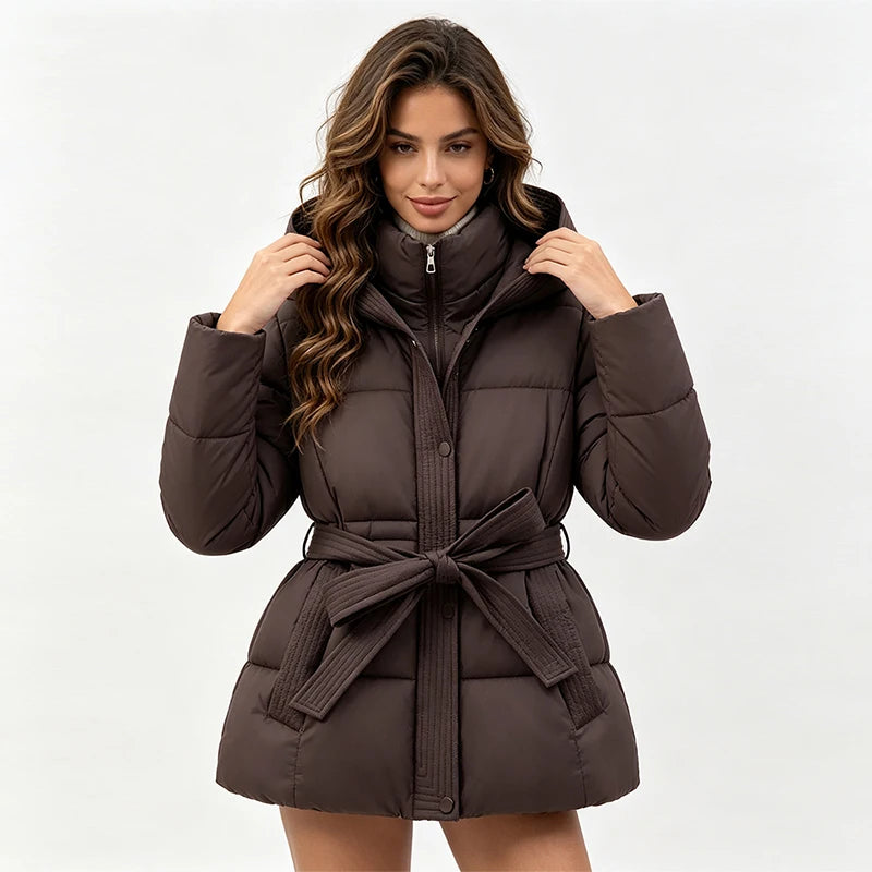Women’s Hooded Puffer Jacket with Lace-Up Waist