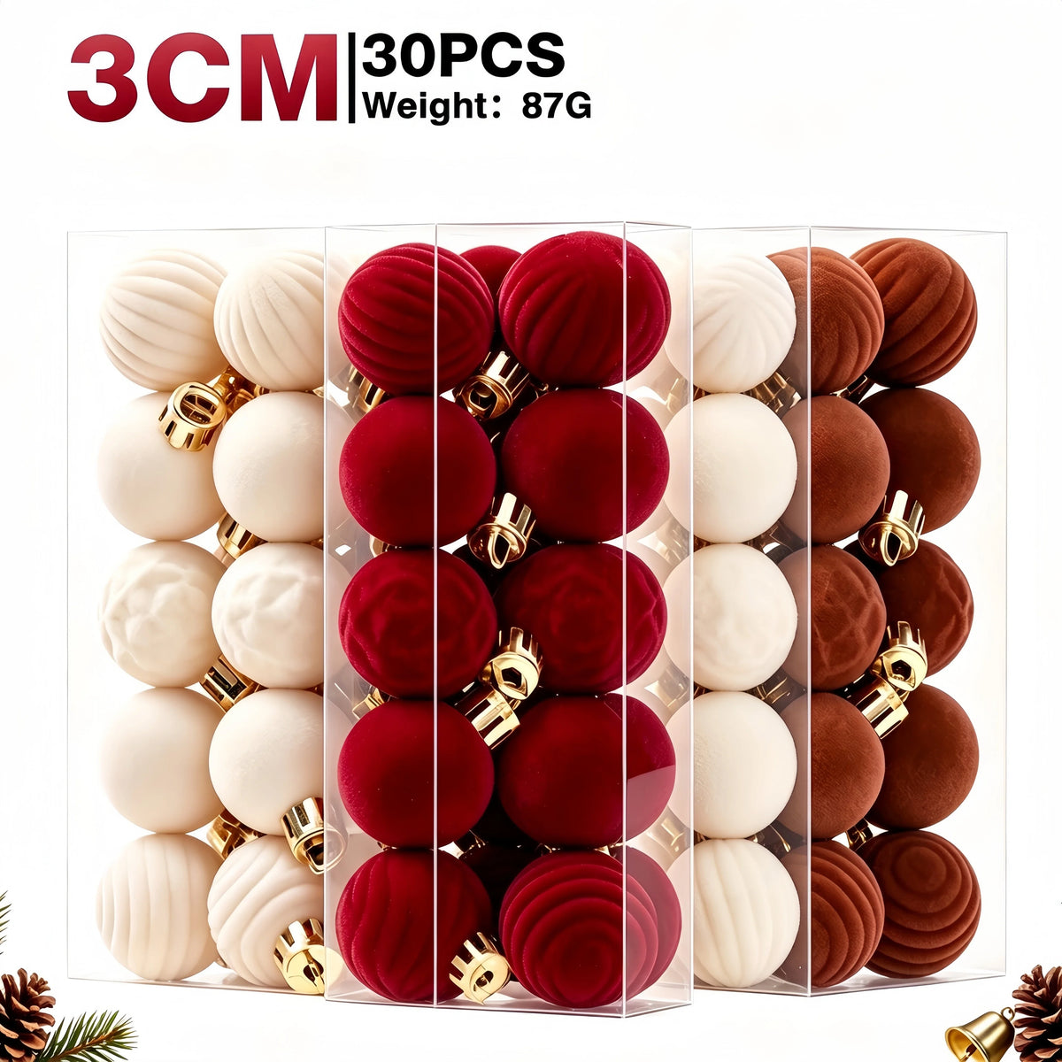 Velvet Christmas Baubles – 30-Piece Set, 3 cm