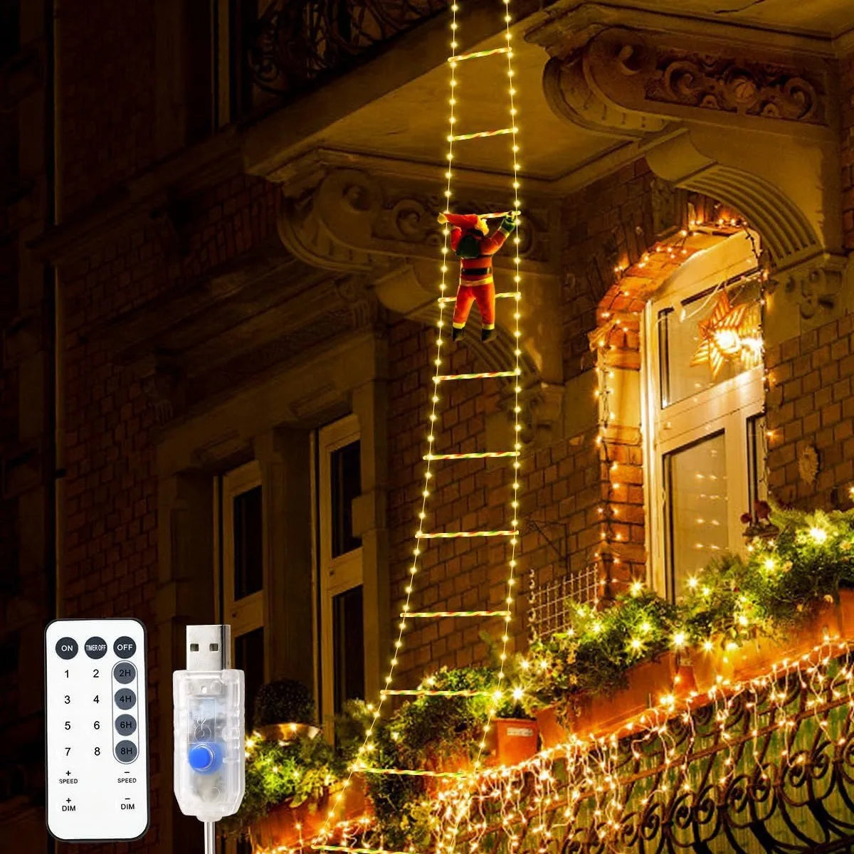 Santa Claus LED Ladder Lights – USB Christmas Decoration