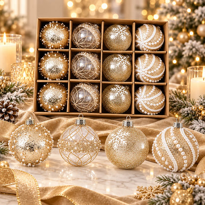 Champagne Gold Christmas Tree Ball Ornaments – 12-Piece Set