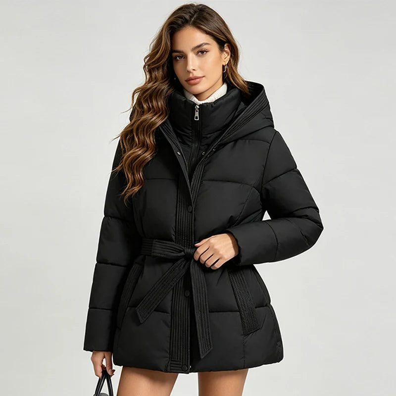 Women’s Hooded Puffer Jacket with Lace-Up Waist