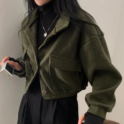 Women’s Cropped Stand-Collar Jacket – Button Front