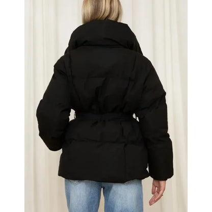 Women’s Belted Puffer Jacket with Wide Lapel Collar