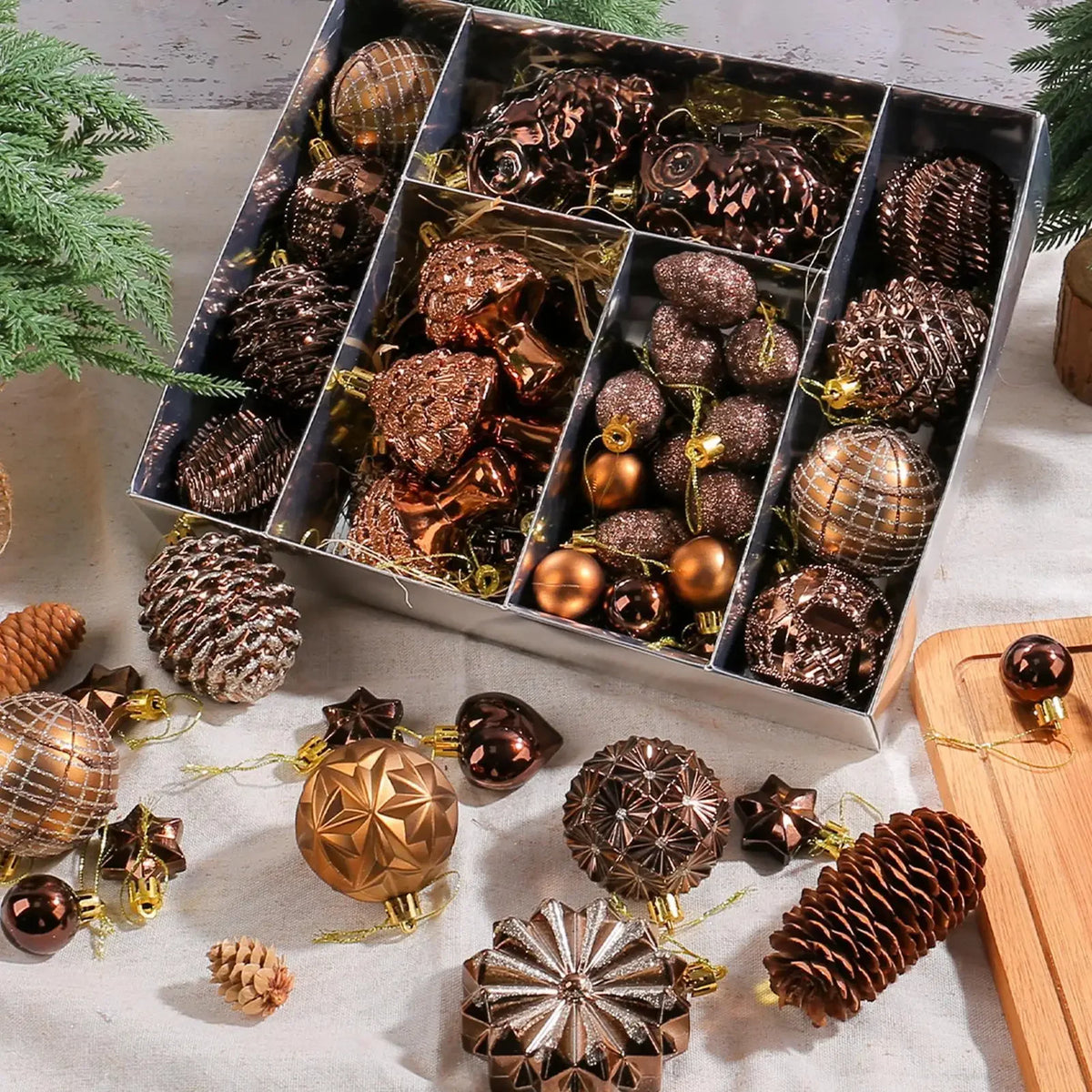 Christmas Tree Ornaments – 53-Piece Copper, Brown &amp; Gold Set
