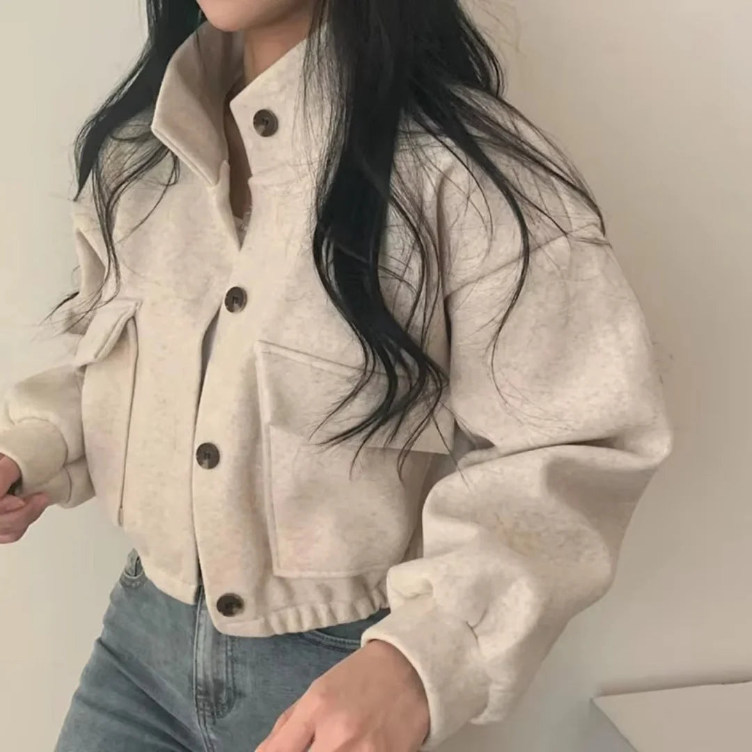 Women’s Cropped Stand-Collar Jacket – Button Front