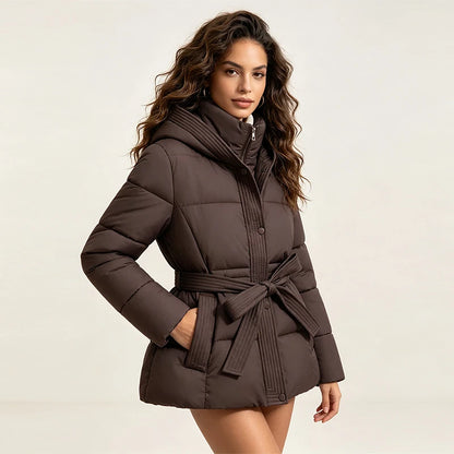 Women’s Hooded Puffer Jacket with Lace-Up Waist