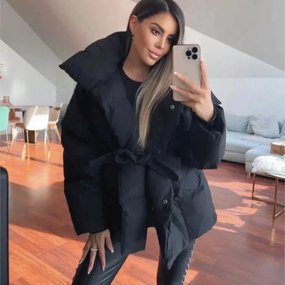 Women’s Belted Puffer Jacket with Wide Lapel Collar