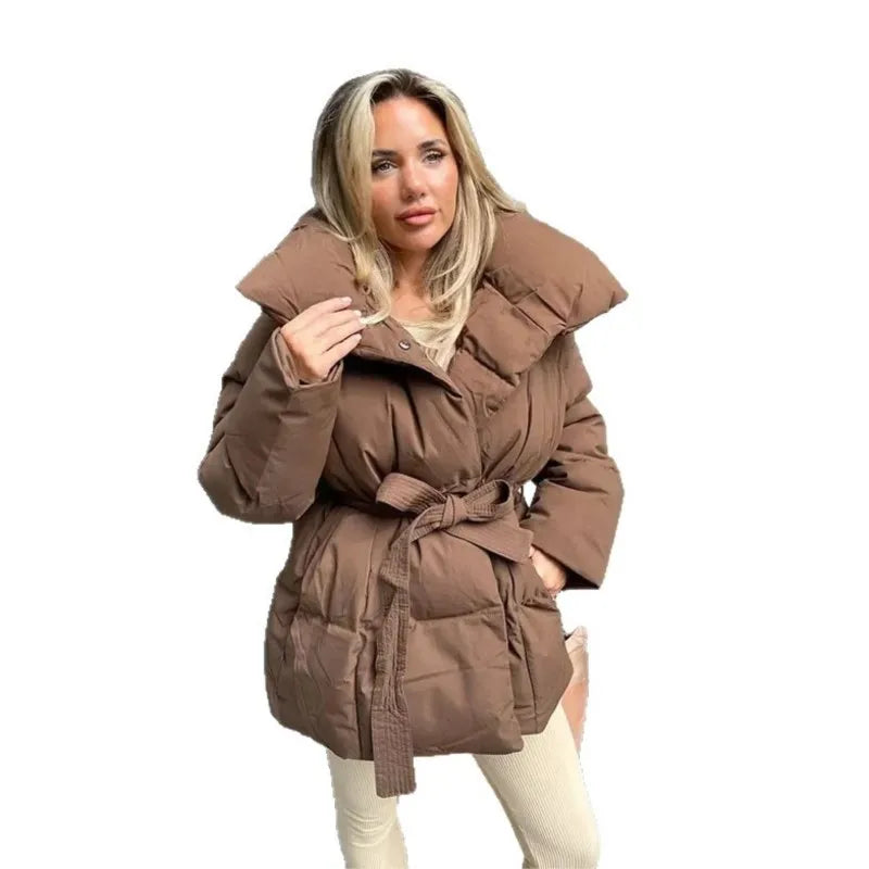 Women’s Belted Puffer Jacket with Wide Lapel Collar