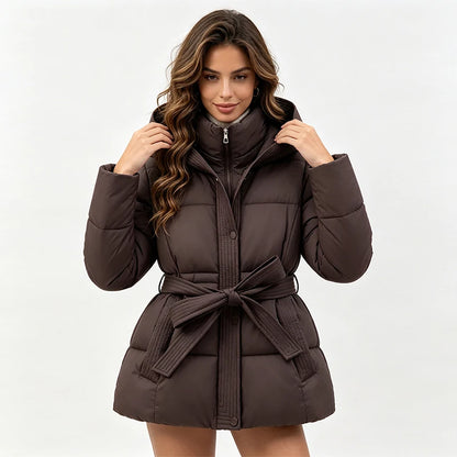 Women’s Hooded Puffer Jacket with Lace-Up Waist