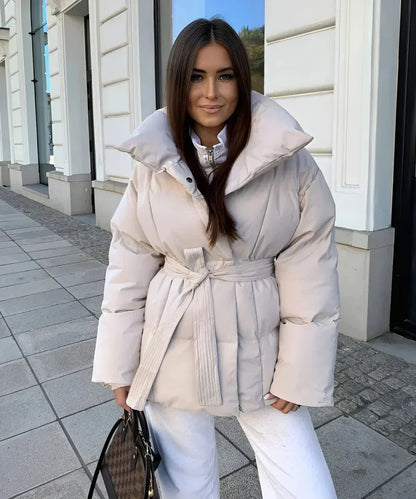 Women’s Belted Puffer Jacket with Wide Lapel Collar