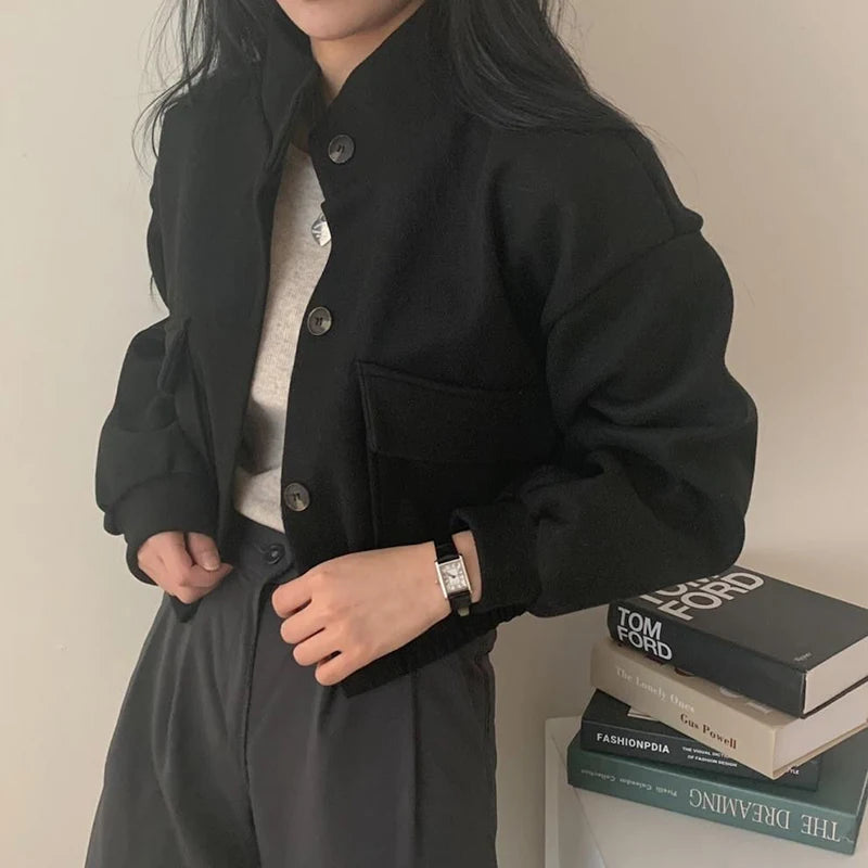 Women’s Cropped Stand-Collar Jacket – Button Front