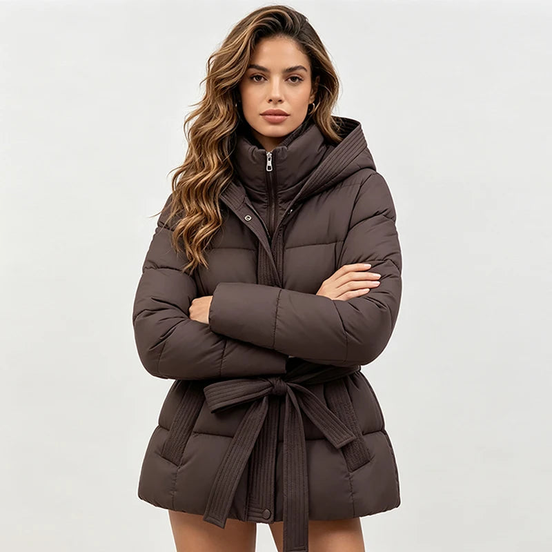 Women’s Hooded Puffer Jacket with Lace-Up Waist