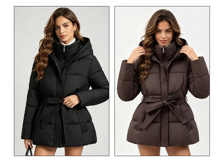 Women’s Hooded Puffer Jacket with Lace-Up Waist