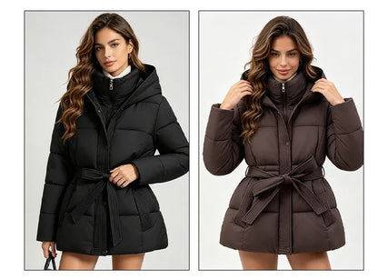 Women’s Hooded Puffer Jacket with Lace-Up Waist