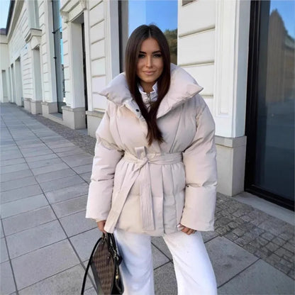 Women’s Belted Puffer Jacket with Wide Lapel Collar
