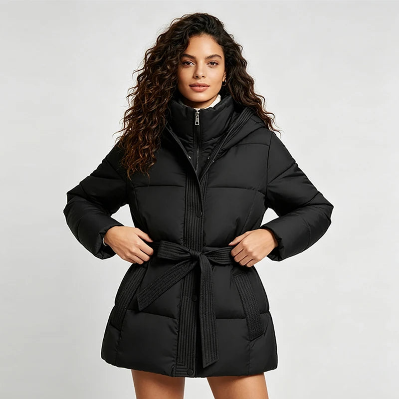 Women’s Hooded Puffer Jacket with Lace-Up Waist