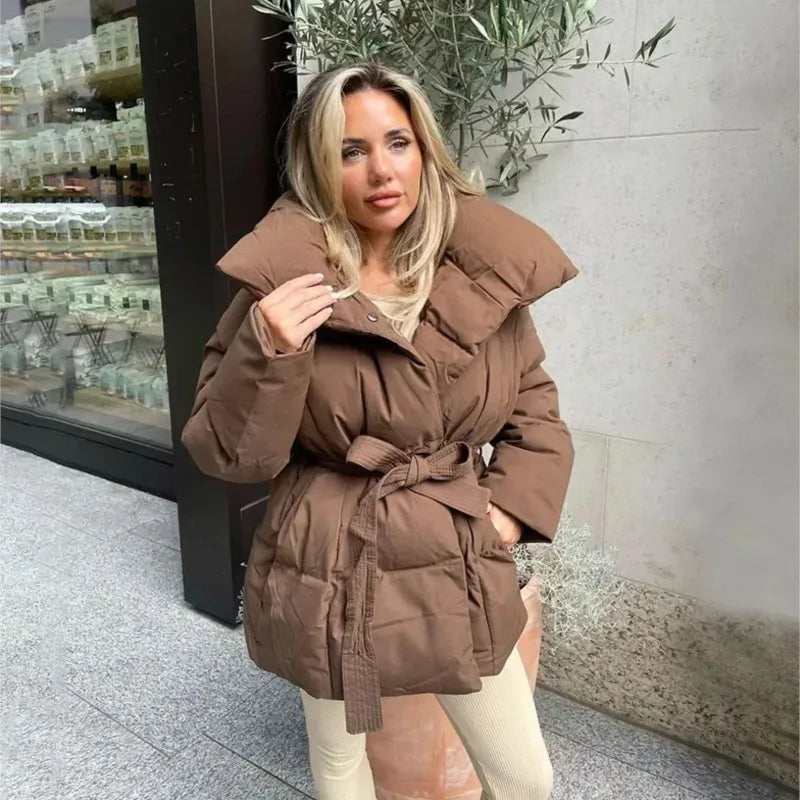 Women’s Belted Puffer Jacket with Wide Lapel Collar