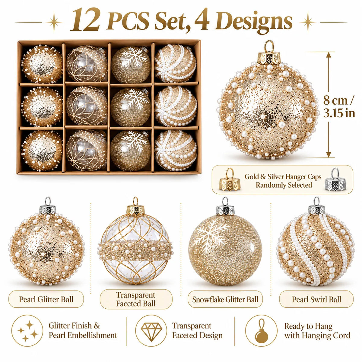 Champagne Gold Christmas Tree Ball Ornaments – 12-Piece Set