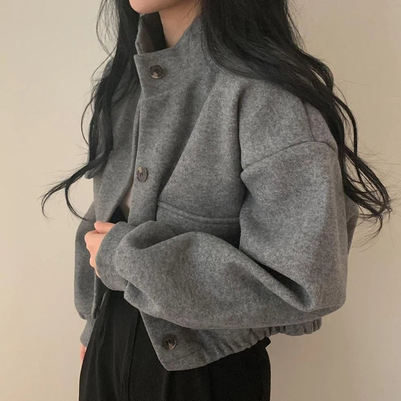 Women’s Cropped Stand-Collar Jacket – Button Front